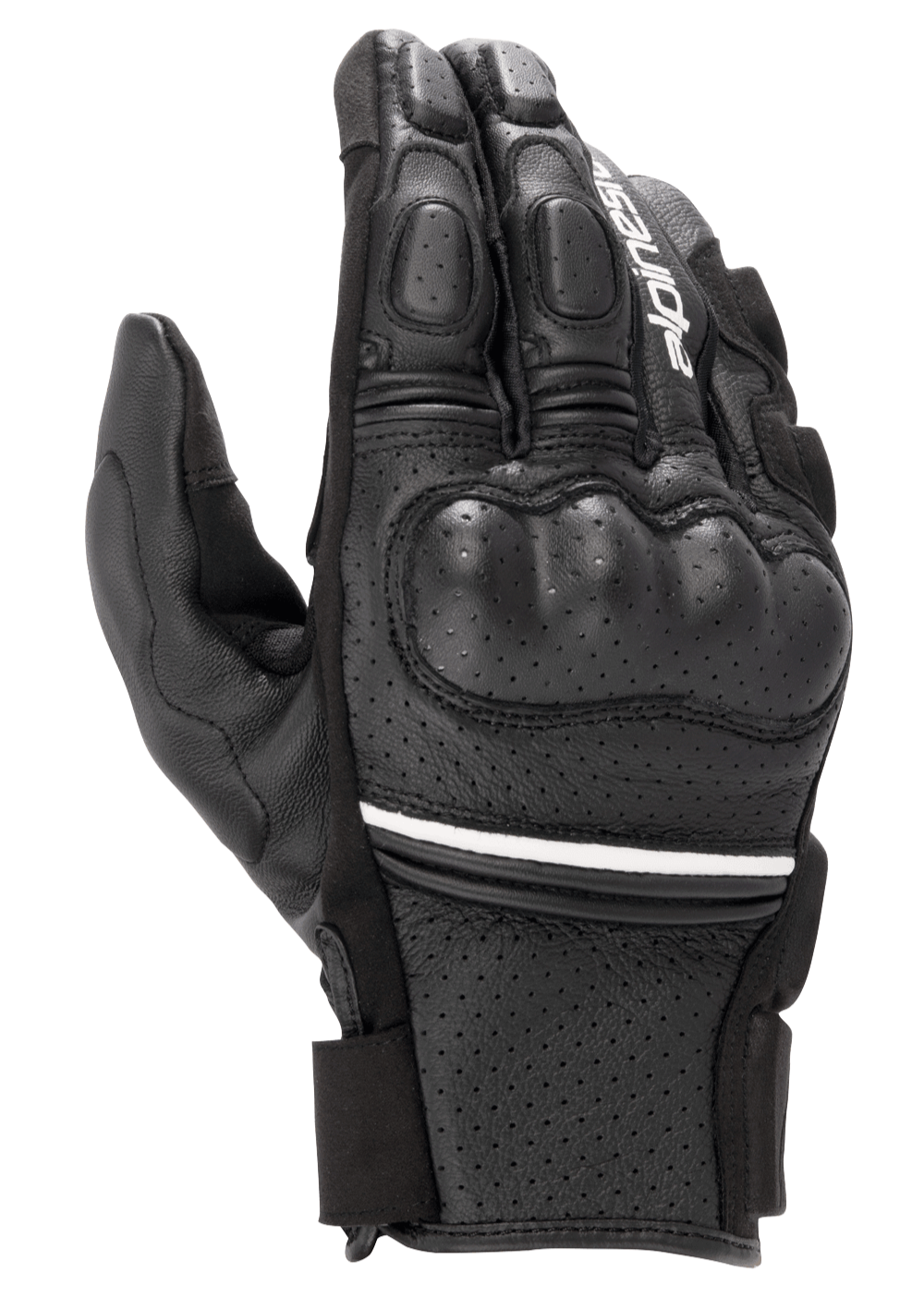 Alpinestars Phenom Leather Air Gloves, guantes de moto de caña corta, negros con una fina raya blanca, con confección en cuero de cabra perforado, protección de nudillos duros y dedos acolchados