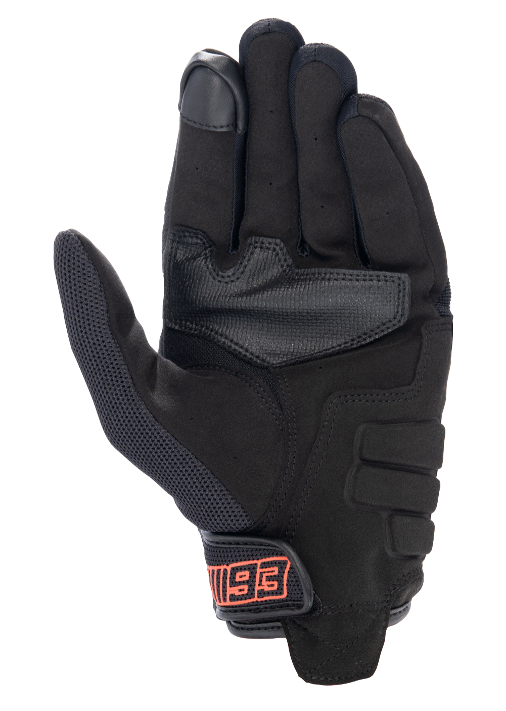 Guantes Alpinestars MM93 Losail V2, guantes urbanos para moto, negros, vista de la palma con construcción de gamuza sintética, punta del dedo compatible con pantallas táctiles y cierre de gancho y bucle con marca MM93 en rojo.