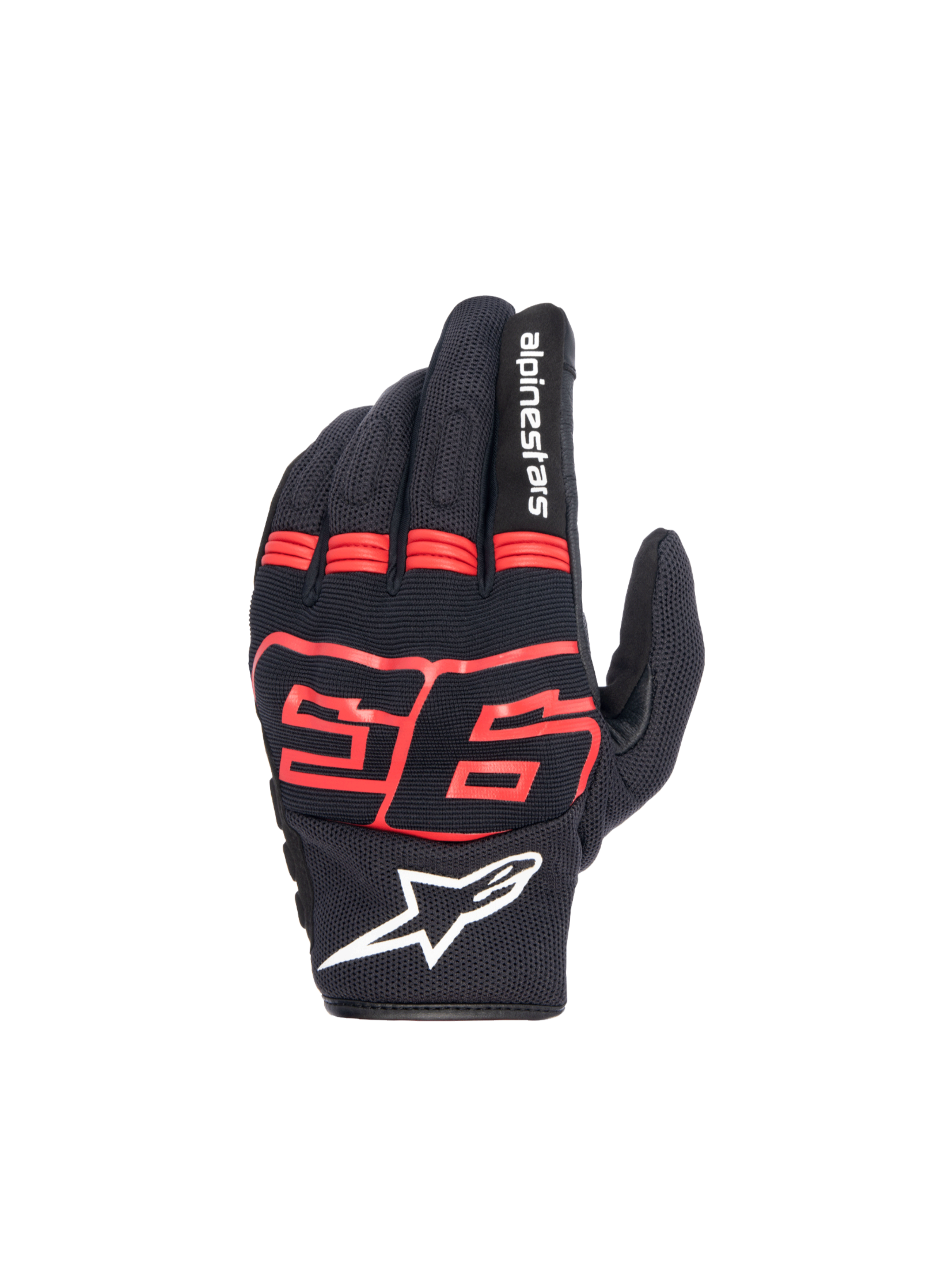 Guantes Alpinestars MM93 Losail V2, guantes de moto urbanos, negros y rojos fluorescentes, con protección de nudillos rígida y logotipo 93 de Marc Márquez.