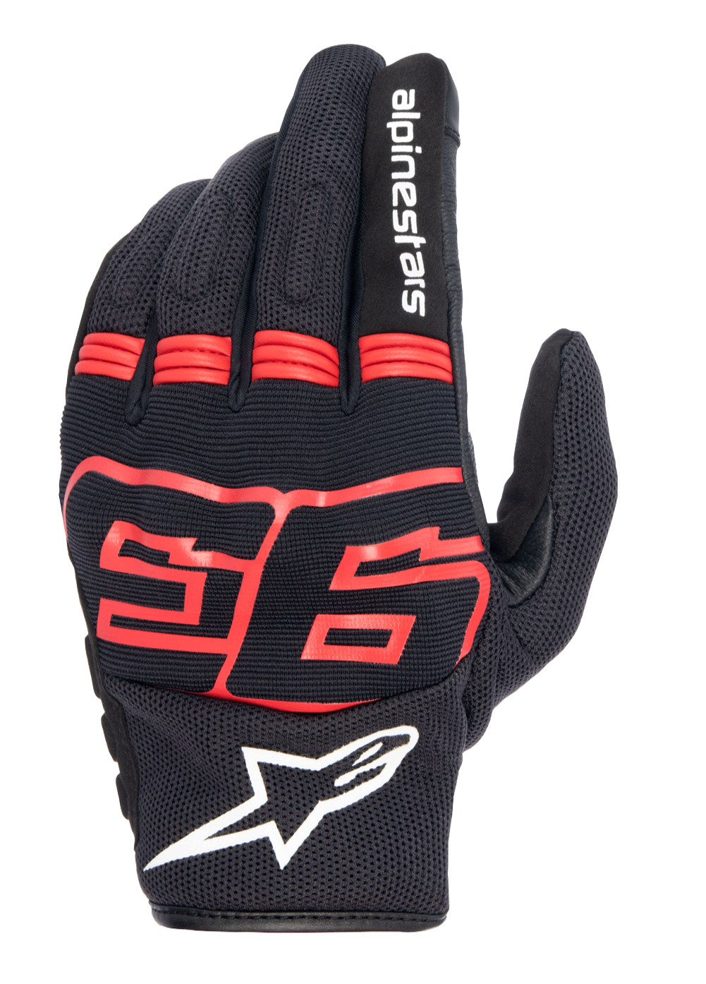 Guantes Alpinestars MM93 Losail V2, negro con rojo flúor, con gráficos de Marc Márquez 93, logotipo de Alpinestars en blanco, dorso de malla transpirable, paneles de acordeón en los dedos para mayor flexibilidad, estilo urbano de carreras de moto