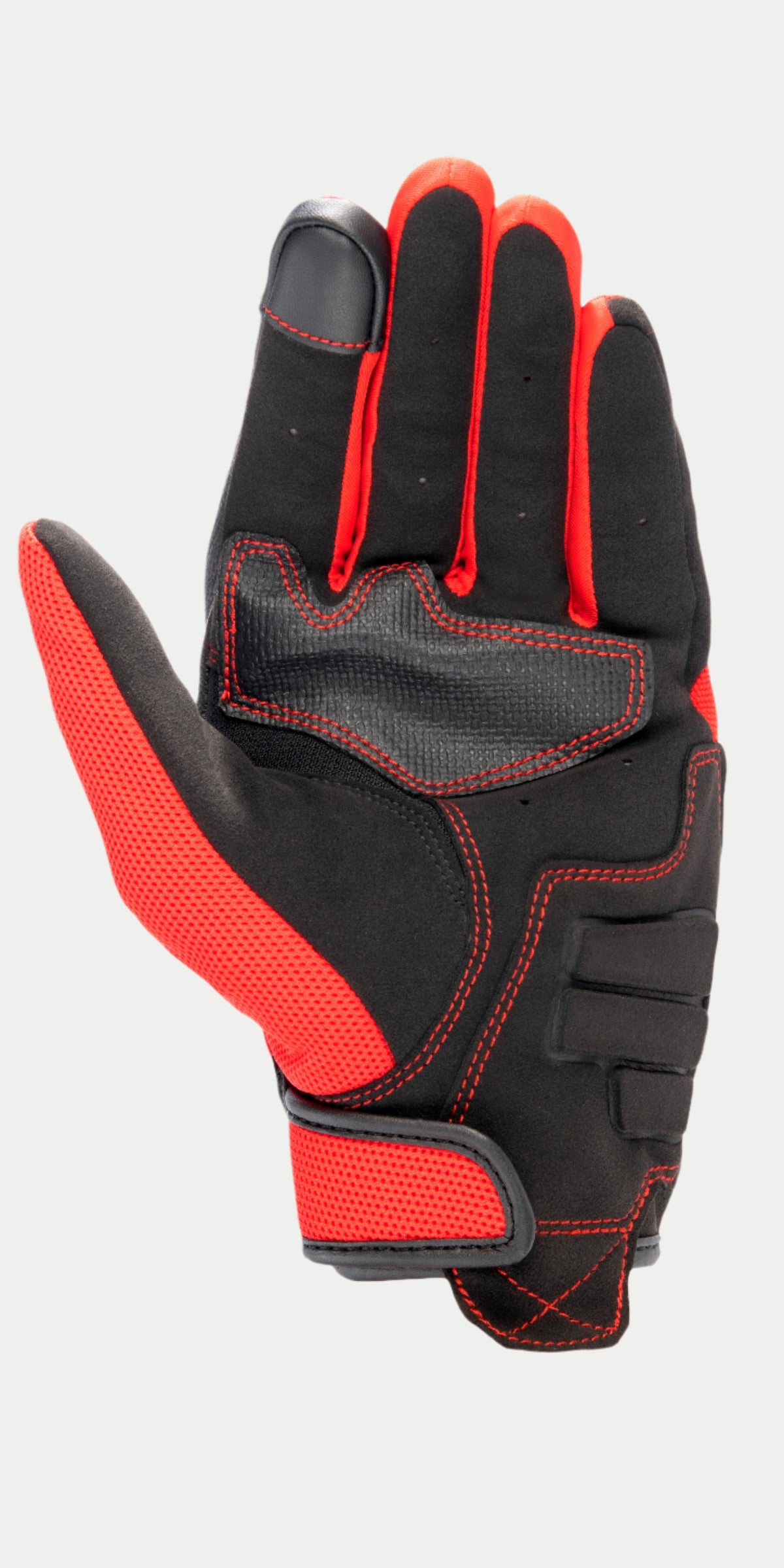 Guante Alpinestars MM 93 Losail V2, guante de moto, negro y rojo brillante, vista de la palma con construcción de gamuza sintética, costuras rojas reforzadas, punta del dedo compatible con pantallas táctiles y malla roja transpirable en el pulgar y la correa de la muñeca.