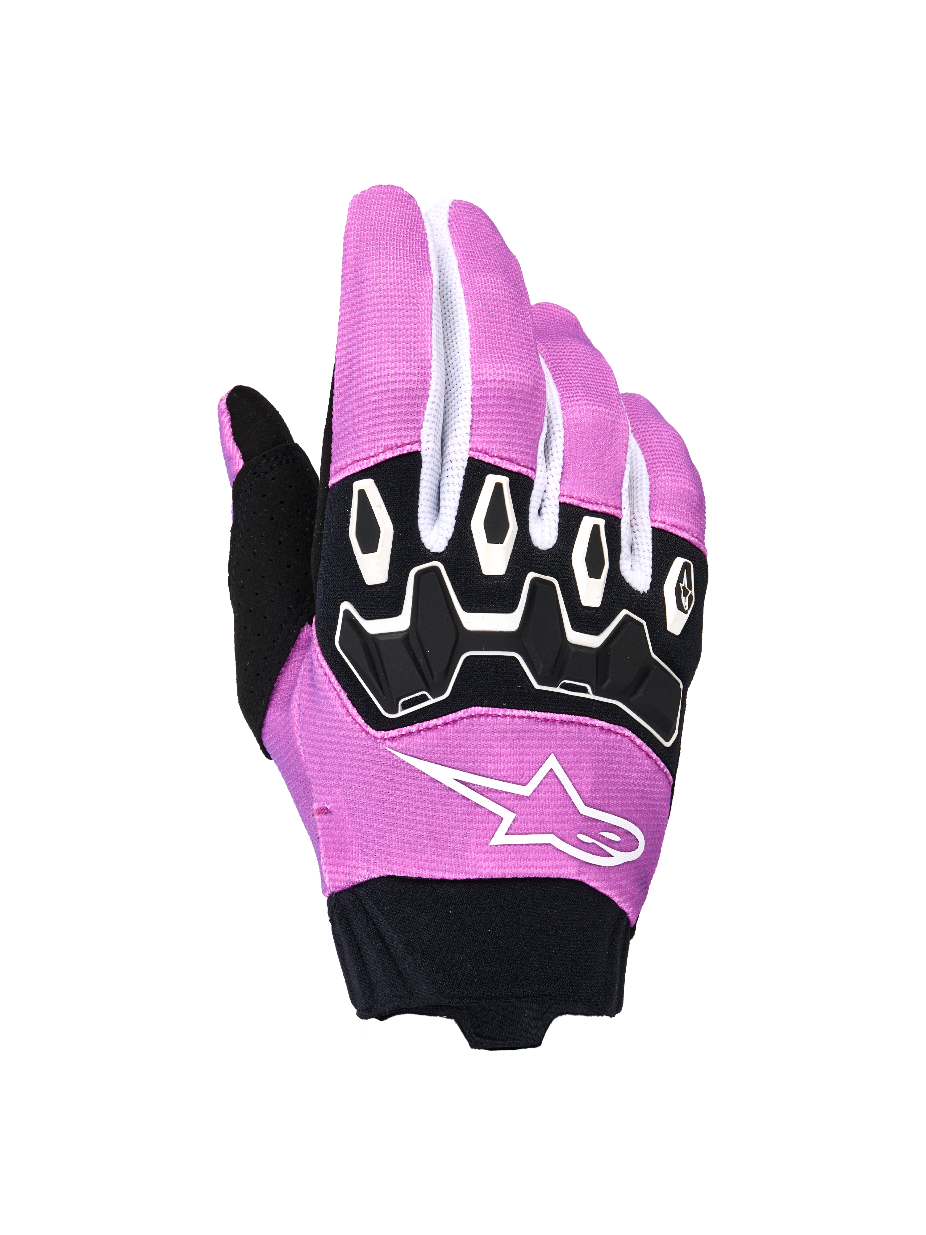Guantes Alpinestars Stella Full Bore V2, guantes de motocross para mujer, violeta, blanco y negro, con protección ergonómica de TPR en los nudillos, logotipo de estrella Alpinestars blanco sobre tejido elástico violeta, puño de neopreno negro, equipo de competición de motocross off-road