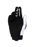 Alpinestars 2026 Stella Full Bore V2 para mujer, guantes de motocross, vista de la palma en blanco y negro, con construcción de ante sintético, patrones de agarre de silicona en los dedos para el control de las palancas, logotipo en blanco y puño de neopreno seguro.