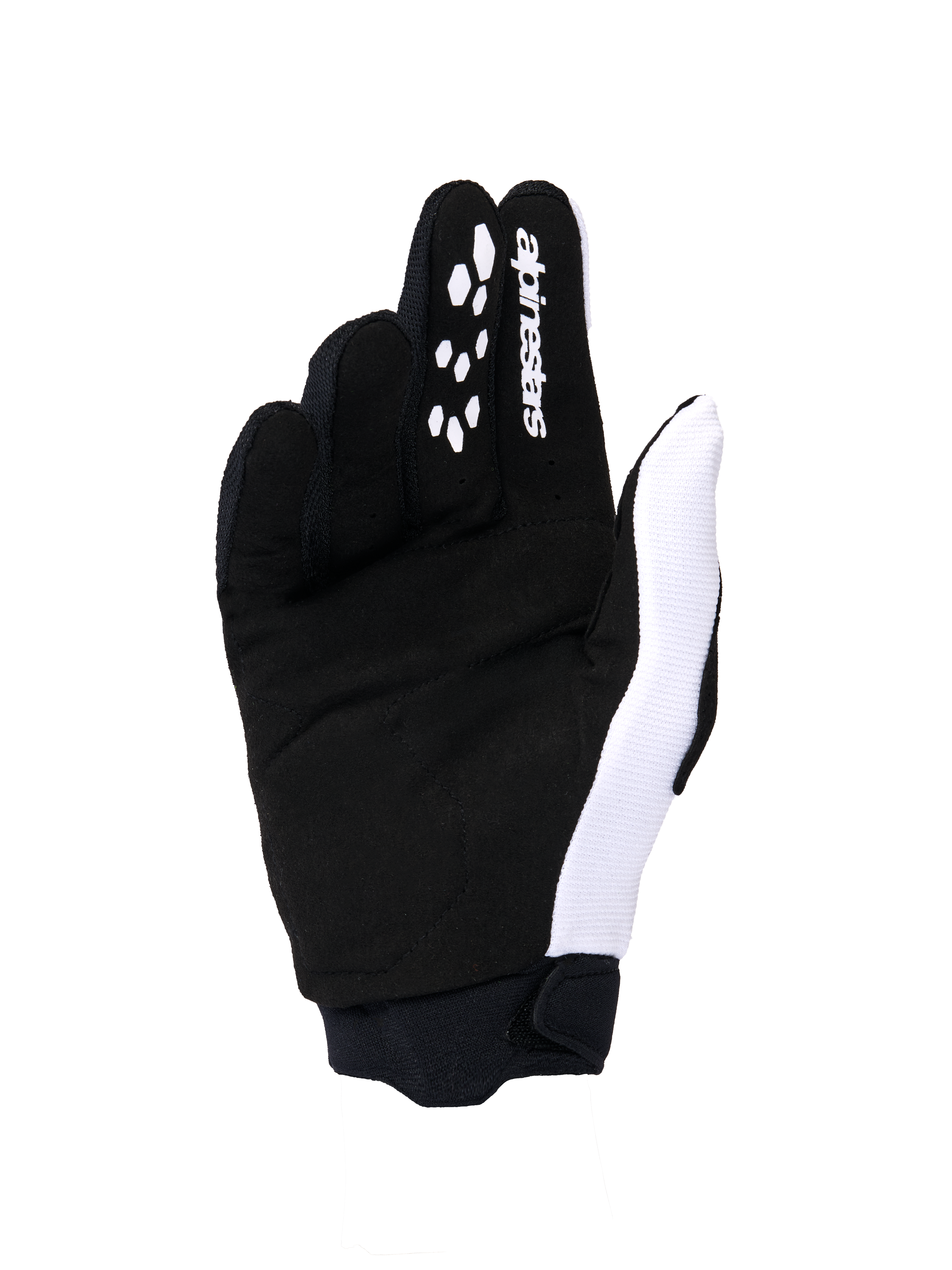 Alpinestars 2026 Stella Full Bore V2 para mujer, guantes de motocross, vista de la palma en blanco y negro, con construcción de ante sintético, patrones de agarre de silicona en los dedos para el control de las palancas, logotipo en blanco y puño de neopreno seguro.