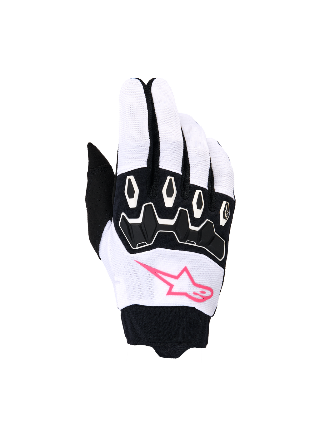 Guantes Alpinestars Stella Full Bore V2, guantes de motocross para mujer, blancos y negros con rosa flúor, con logotipo de estrella rosa, protección de nudillos de TPR negro y tejido elástico transpirable para conducción off-road