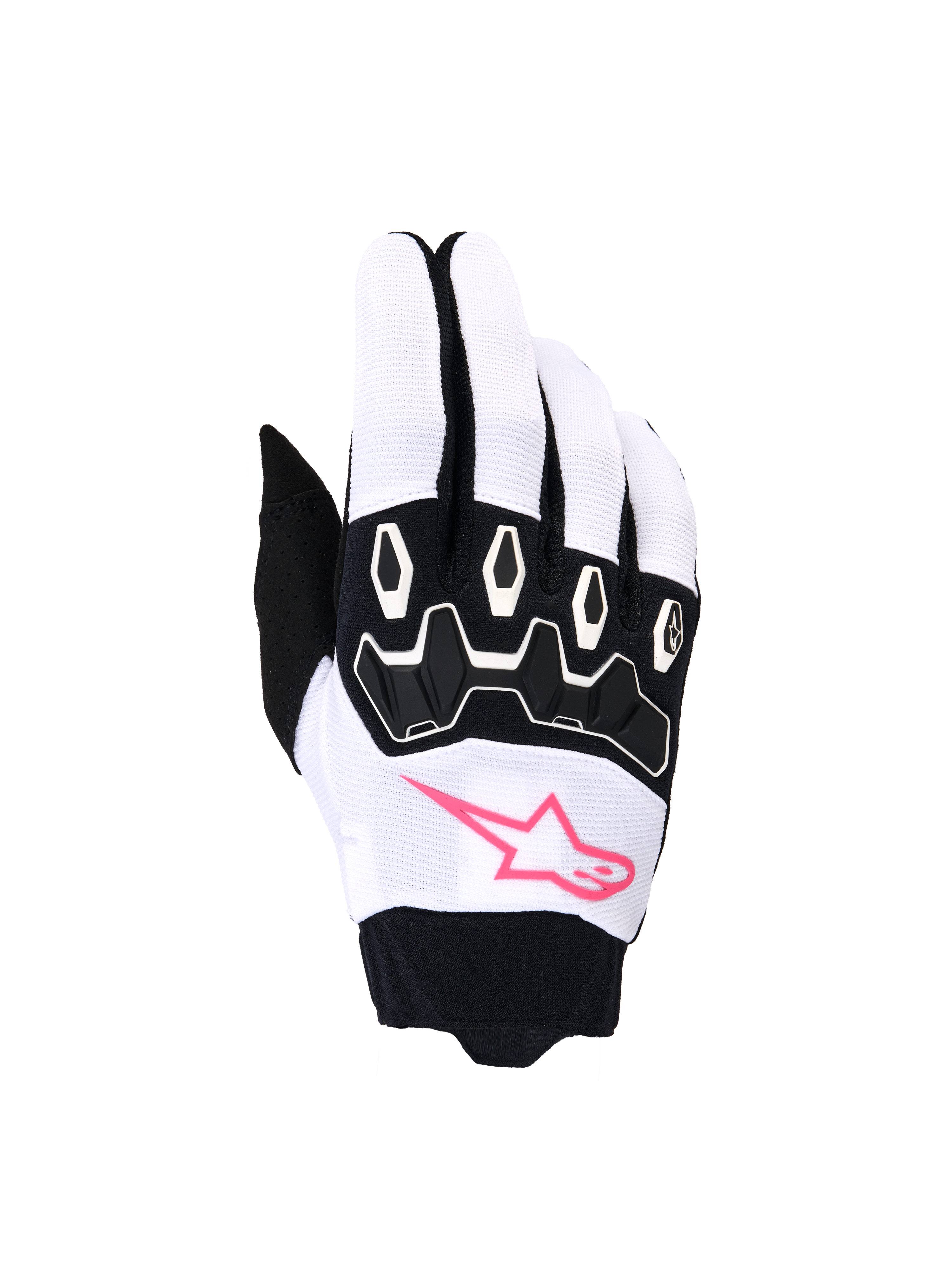 Guantes Alpinestars Stella Full Bore V2, guantes de motocross para mujer, blancos y negros con rosa flúor, con logotipo de estrella rosa, protección de nudillos de TPR negro y tejido elástico transpirable para conducción off-road