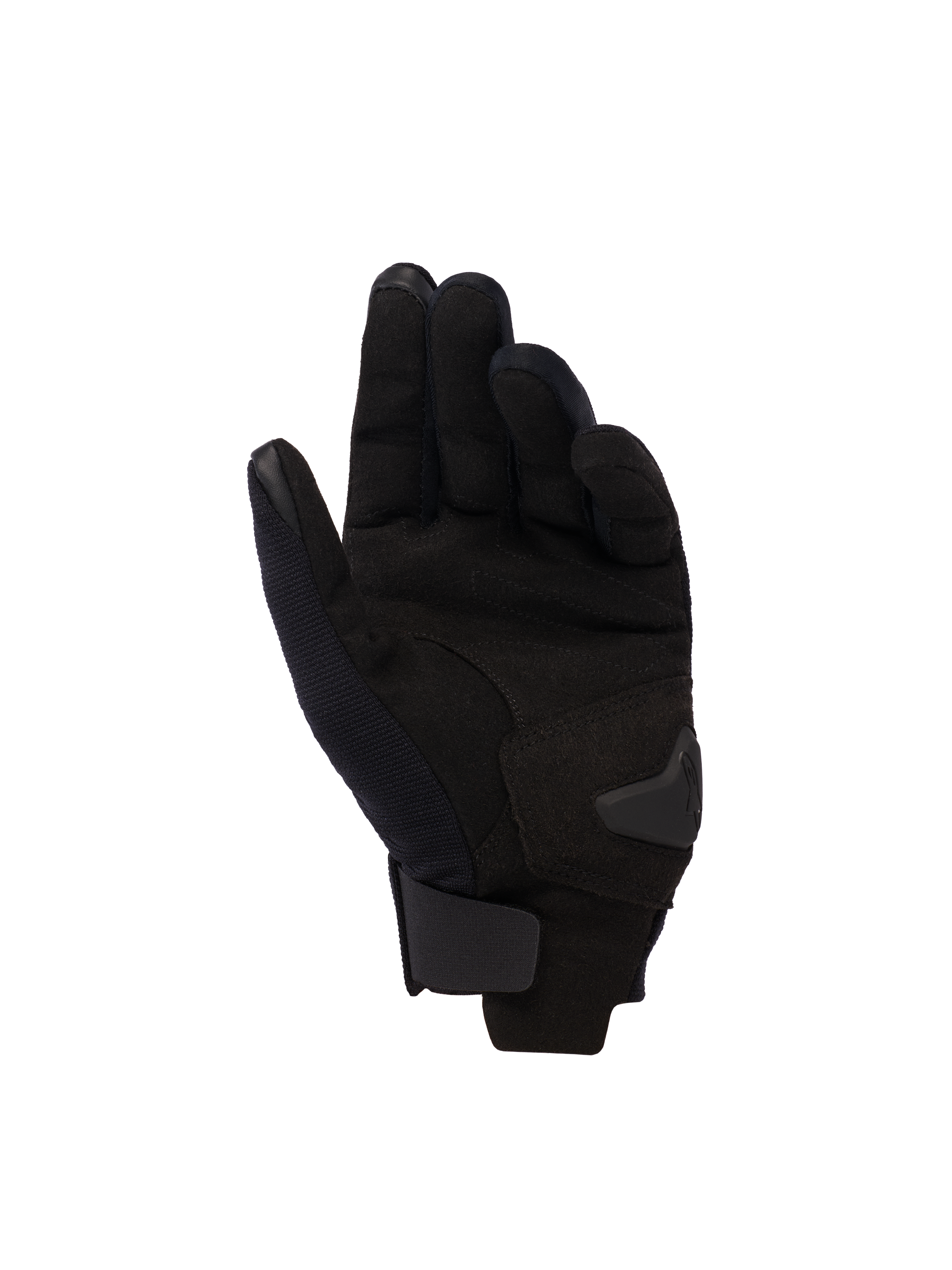 Guantes Alpinestars Reef Women's V2, vista de la palma, Black Hawaiian Ocean, guantes de moto para mujer de puño corto con palma de gamuza sintética, puntas de los dedos compatibles con pantallas táctiles y cierre de muñeca ajustable de gancho y bucle.