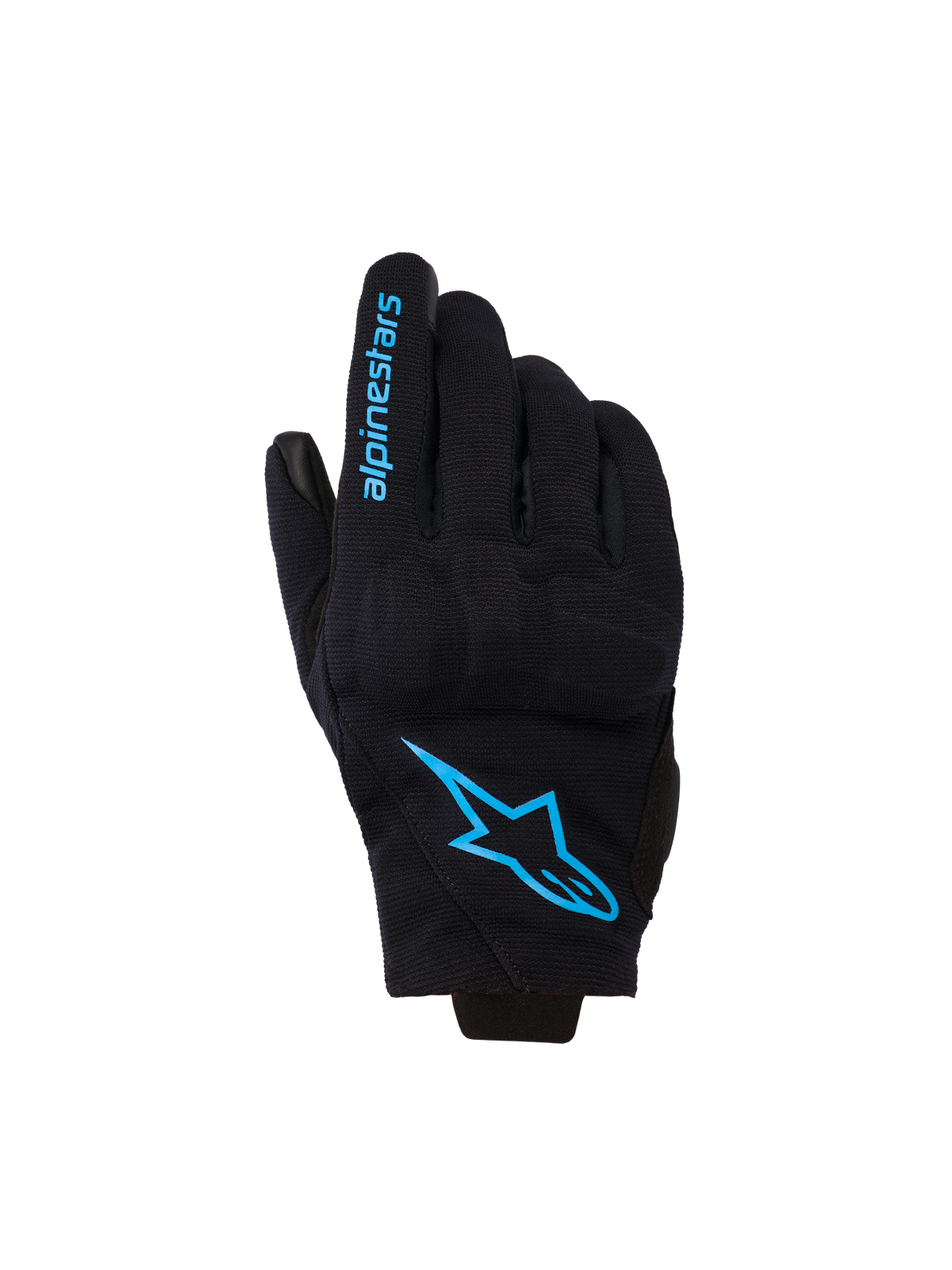 Guantes Alpinestars Reef Women's V2, guantes de moto de puño corto, negros con detalles en azul brillante Hawaiian Ocean, con el logotipo de Alpinestars en el dorso y texto en el dedo, estilo de conducción urbana