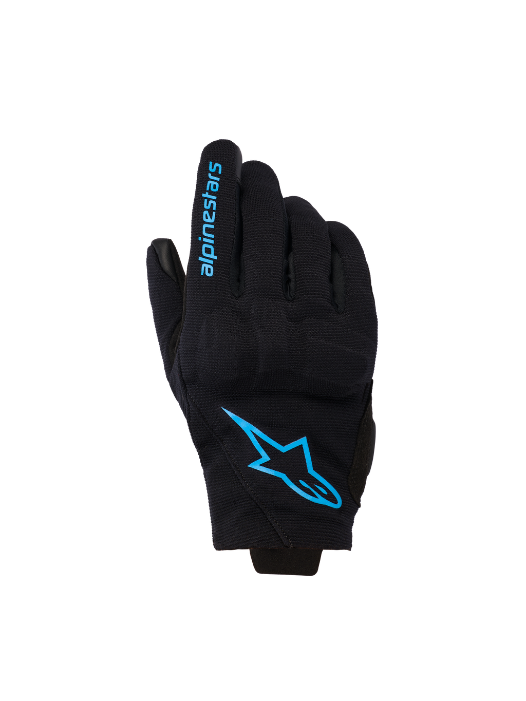 Guantes Alpinestars Reef Women's V2, guantes de moto de puño corto, negros con detalles en azul brillante Hawaiian Ocean, con el logotipo de Alpinestars en el dorso y texto en el dedo, estilo de conducción urbana