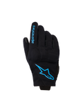 Guantes Alpinestars Reef Women's V2, guantes de moto de puño corto, negros con detalles en azul brillante Hawaiian Ocean, con el logotipo de Alpinestars en el dorso y texto en el dedo, estilo de conducción urbana