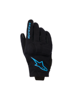 Guantes Alpinestars Reef Women's V2, guantes de moto de puño corto, negros con detalles en azul brillante Hawaiian Ocean, con el logotipo de Alpinestars en el dorso y texto en el dedo, estilo de conducción urbana
