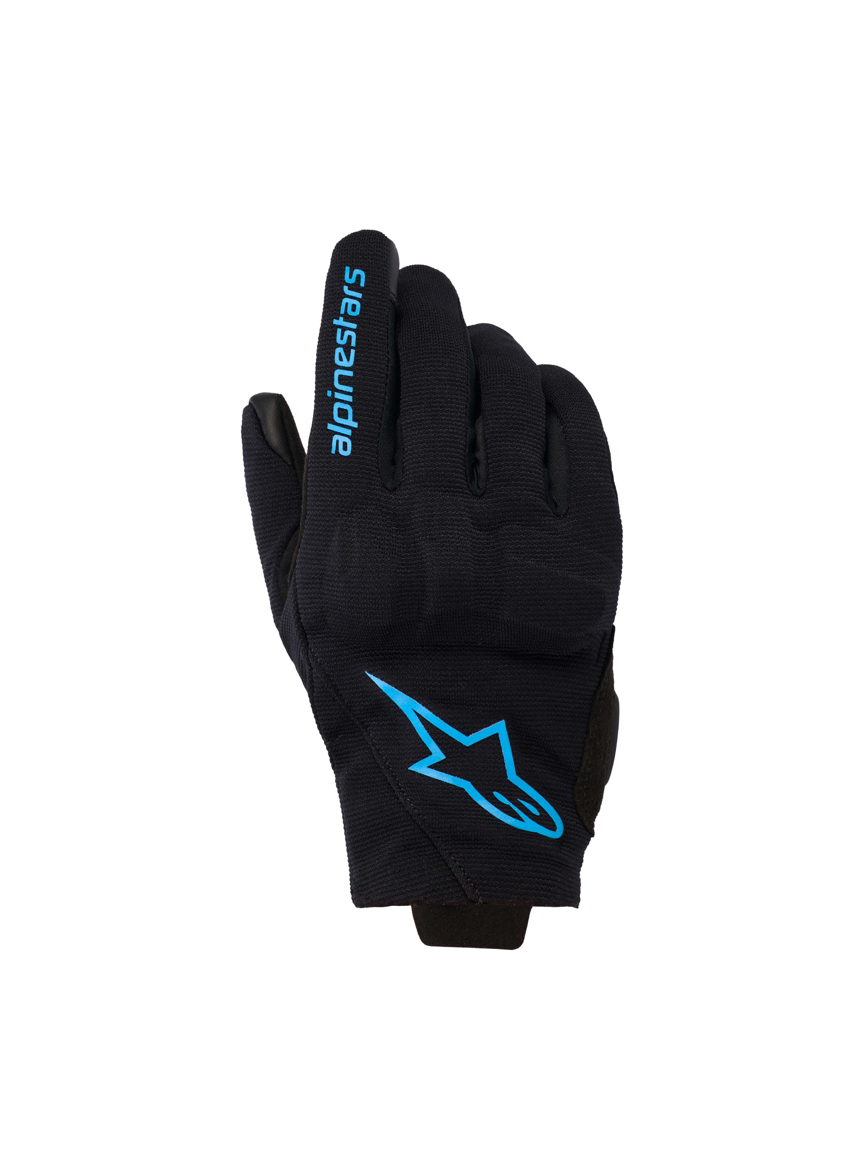 Guantes Alpinestars Reef Women's V2, guantes de moto de puño corto, negros con detalles en azul brillante Hawaiian Ocean, con el logotipo de Alpinestars en el dorso y texto en el dedo, estilo de conducción urbana