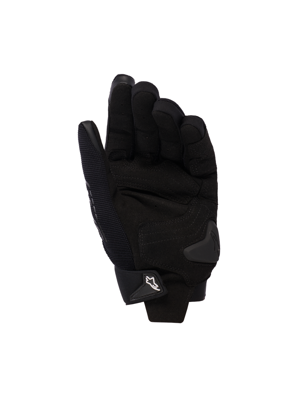 Guantes de moto para mujer Alpinestars Stella SP X 3, negros, vista de la palma con refuerzos de cuero sintético, deslizador de palma de TPU y cierre de muñeca ajustable con logotipo blanco.