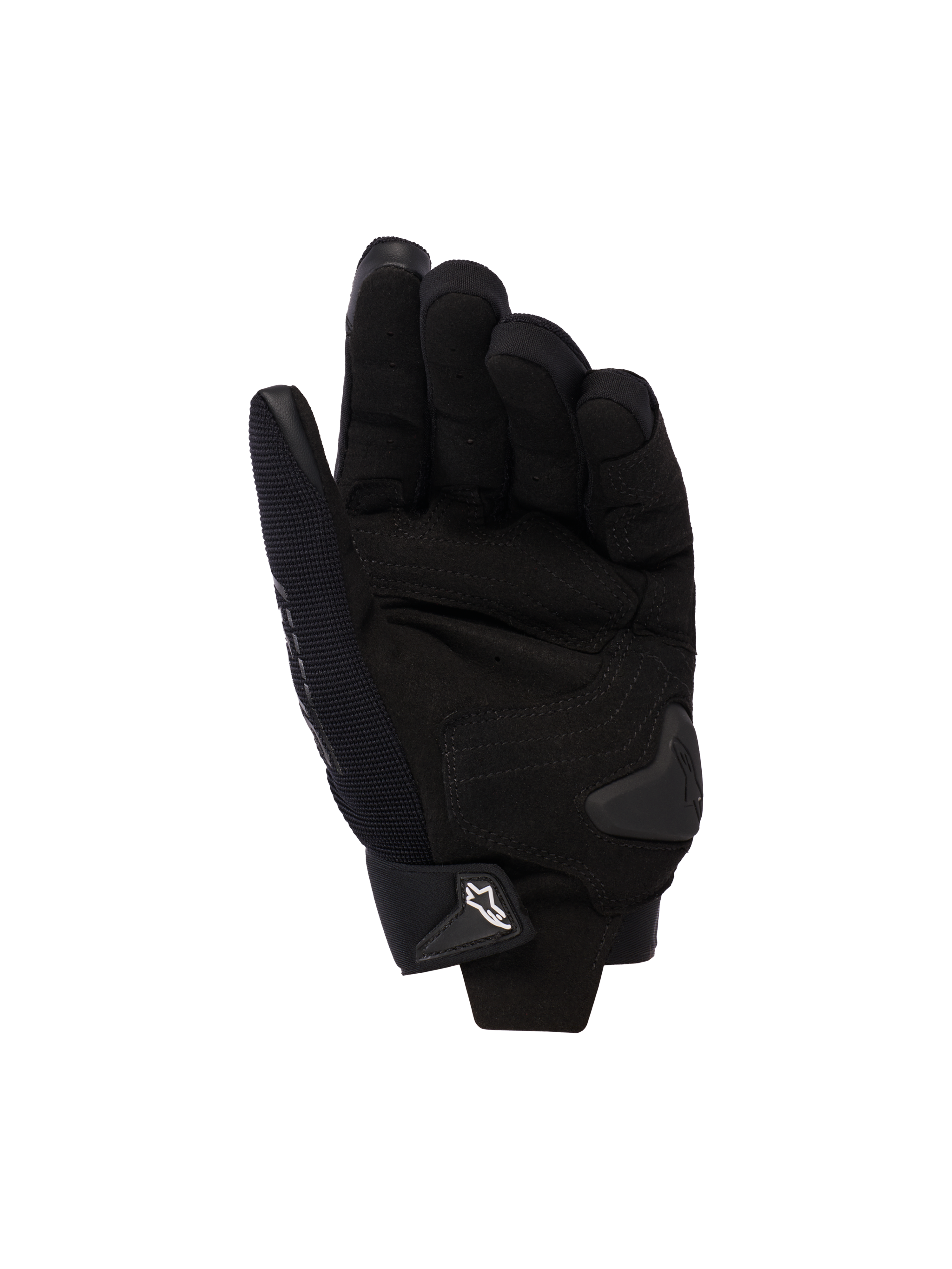 Guantes de moto para mujer Alpinestars Stella SP X 3, negros, vista de la palma con refuerzos de cuero sintético, deslizador de palma de TPU y cierre de muñeca ajustable con logotipo blanco.