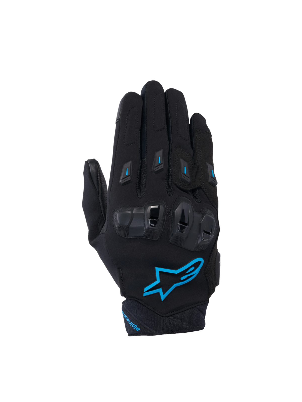 Alpinestars Stella SP X 3 Women's Motorcycle Gloves, Black and Blithe Blue, featuring TPU knuckle protection and 3D mesh.