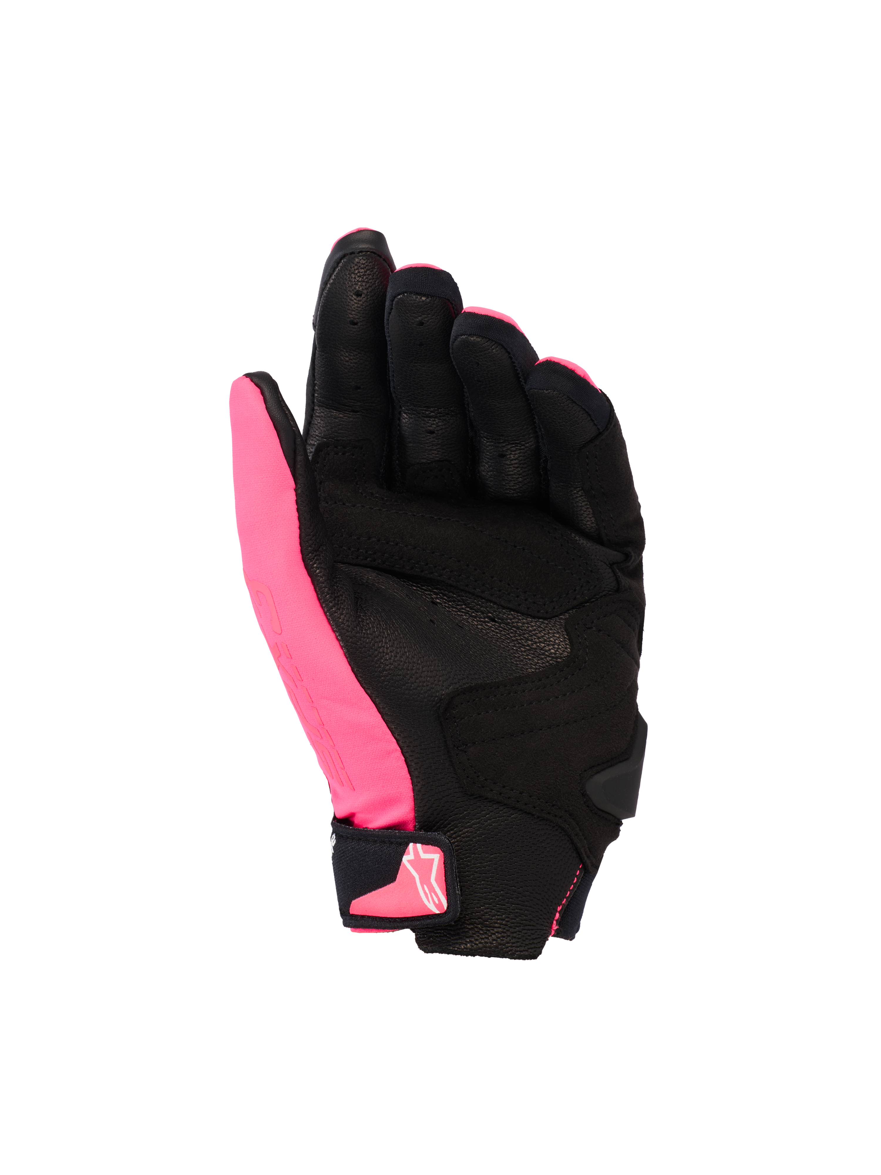 Alpinestars Stella SP X 3 Gloves, Women's Motorcycle Gloves, Diva Pink Black and White, palm view showing perforated leather and synthetic overlays, black palm with pink thumb, velcro wrist closure with pink logo, ergonomic sport design
