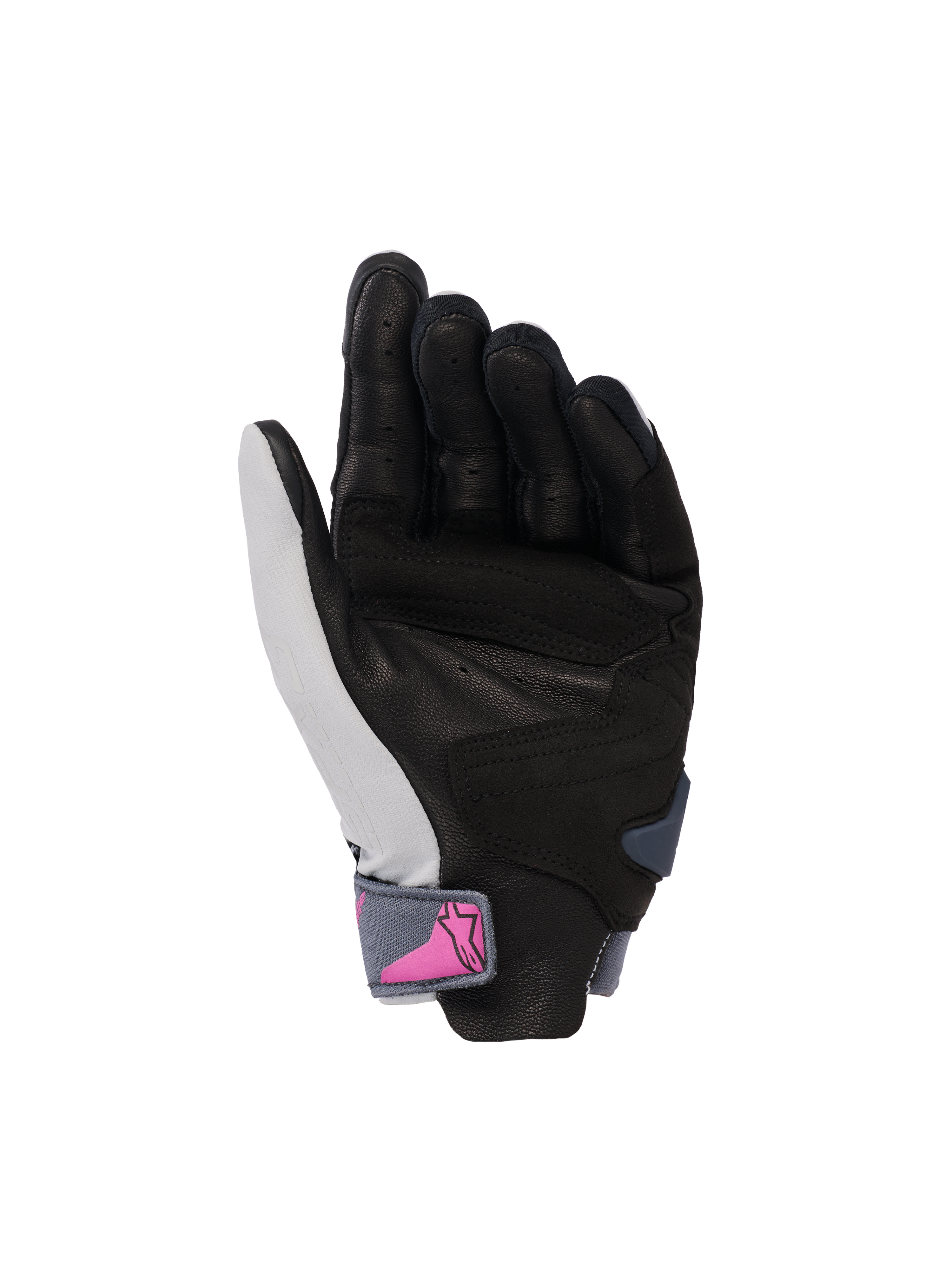 Alpinestars Stella SP X 3 Gloves, Women's Motorcycle Gloves, Palm View, Mid Gray Asphalt Black with pink logo on the wrist strap, perforated leather palm for grip and ventilation, sporty design for road riding