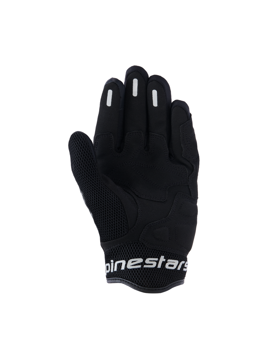 Guantes Alpinestars Stella Mogress Airflow, guantes de moto urbanos para mujer, negros, vista de la palma con refuerzo sintético, malla 3D transpirable en el pulgar y el puño, y marca Alpinestars en blanco en el puño corto.