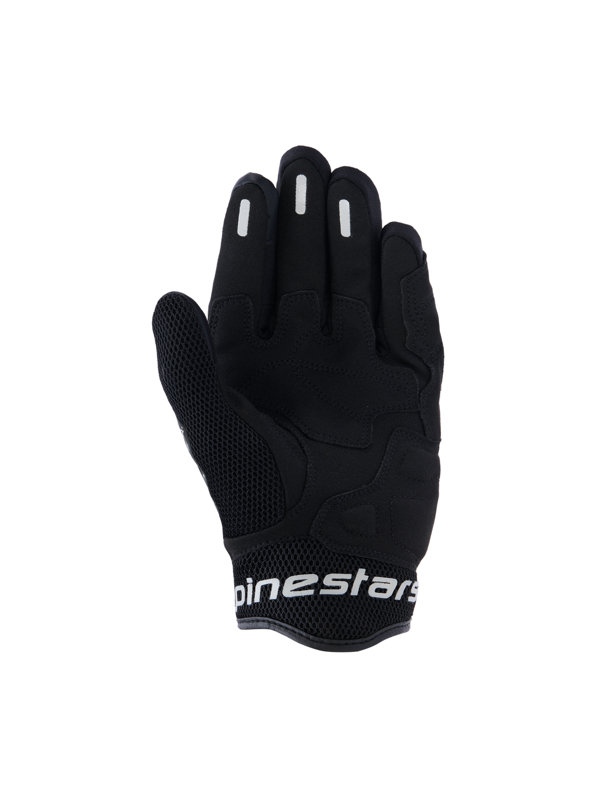 Guantes Alpinestars Stella Mogress Airflow, guantes de moto urbanos para mujer, negros, vista de la palma con refuerzo sintético, malla 3D transpirable en el pulgar y el puño, y marca Alpinestars en blanco en el puño corto.