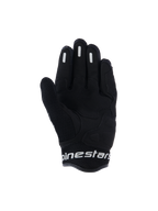 Guantes Alpinestars Stella Mogress Airflow, guantes de moto urbanos para mujer, negros, vista de la palma con refuerzo sintético, malla 3D transpirable en el pulgar y el puño, y marca Alpinestars en blanco en el puño corto.