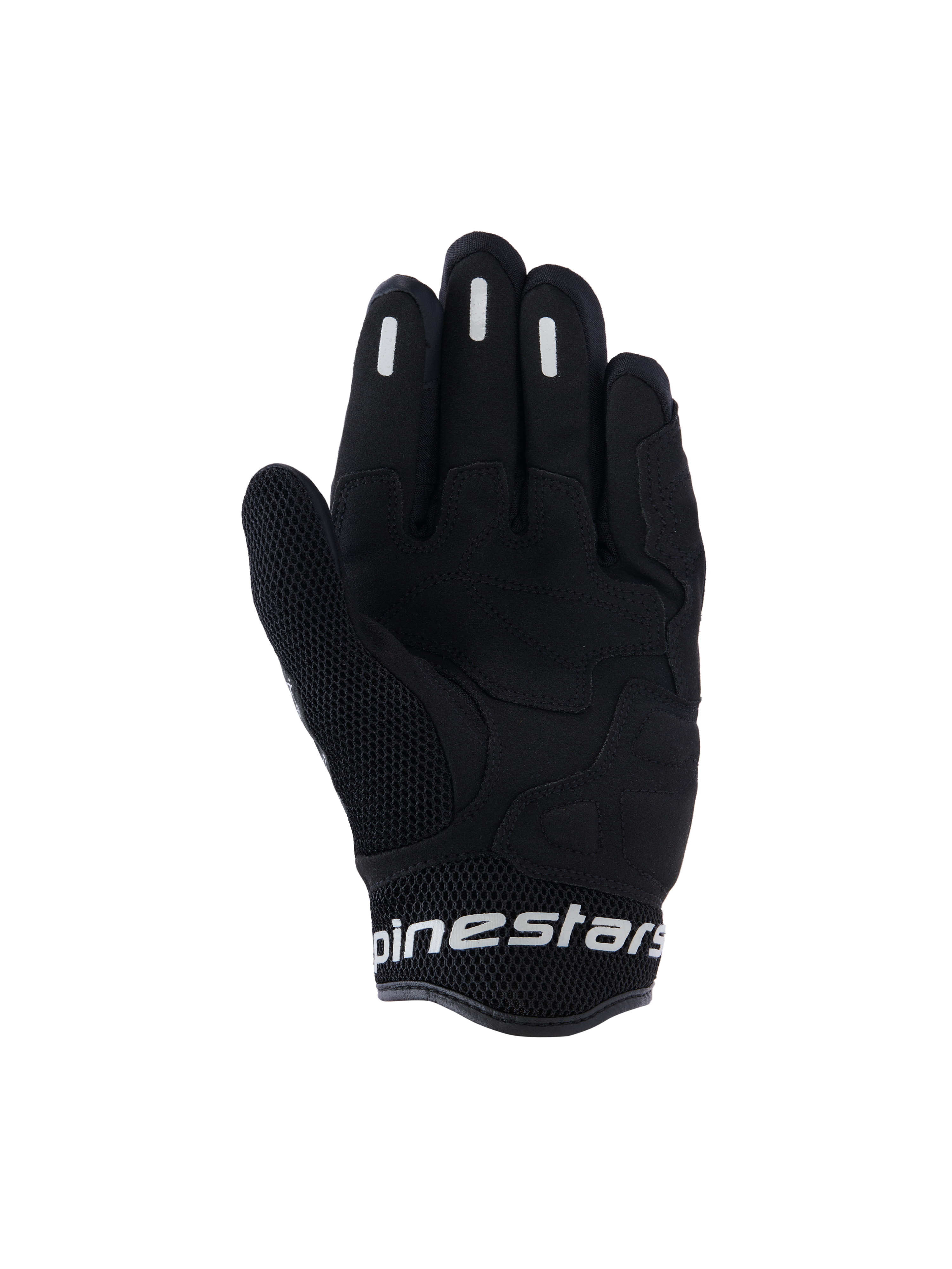 Guantes Alpinestars Stella Mogress Airflow, guantes de moto urbanos para mujer, negros, vista de la palma con refuerzo sintético, malla 3D transpirable en el pulgar y el puño, y marca Alpinestars en blanco en el puño corto.