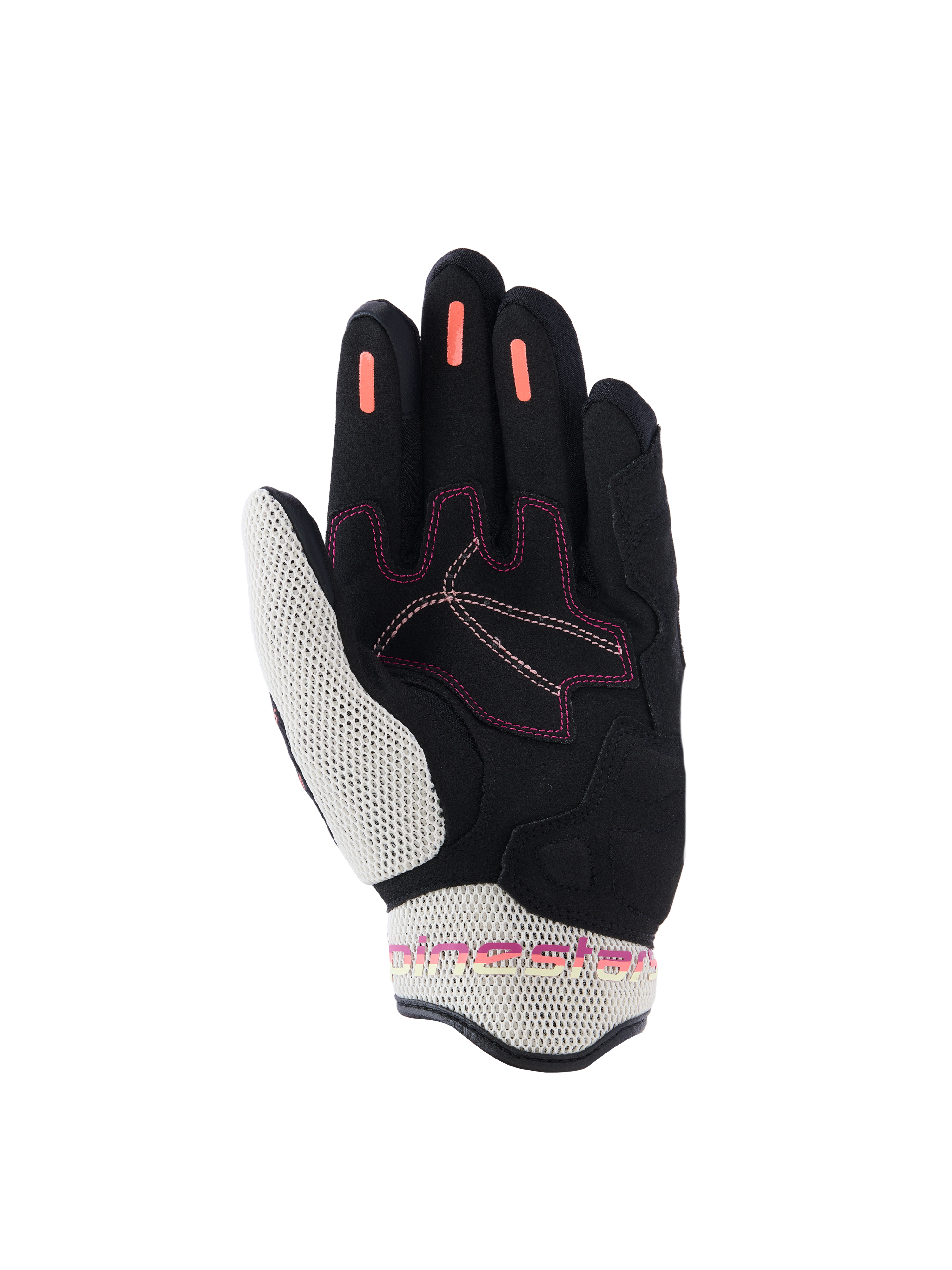 Guantes Alpinestars Stella Mogress Airflow para mujer, guantes de moto, negro, crudo y coral degradado, vista de la palma con malla 3D blanca en el pulgar y el puño, tiras de agarre de silicona coral en los dedos y detalles de costuras en rosa