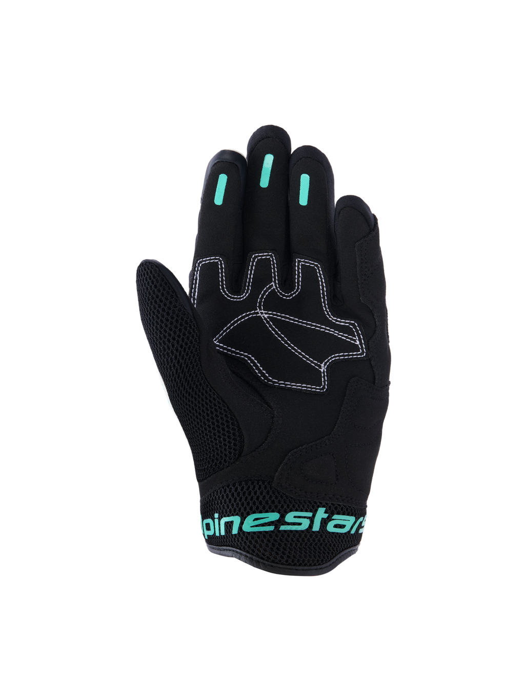 Guantes Alpinestars Stella Mogress Airflow, guantes urbanos de moto para mujer, negros con detalles en Tropical Teal, vista de la palma que muestra refuerzos sintéticos con costuras blancas, zona del pulgar en malla e inserciones de agarre de silicona en los dedos.