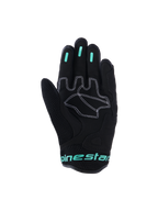 Guantes Alpinestars Stella Mogress Airflow, guantes urbanos de moto para mujer, negros con detalles en Tropical Teal, vista de la palma que muestra refuerzos sintéticos con costuras blancas, zona del pulgar en malla e inserciones de agarre de silicona en los dedos.