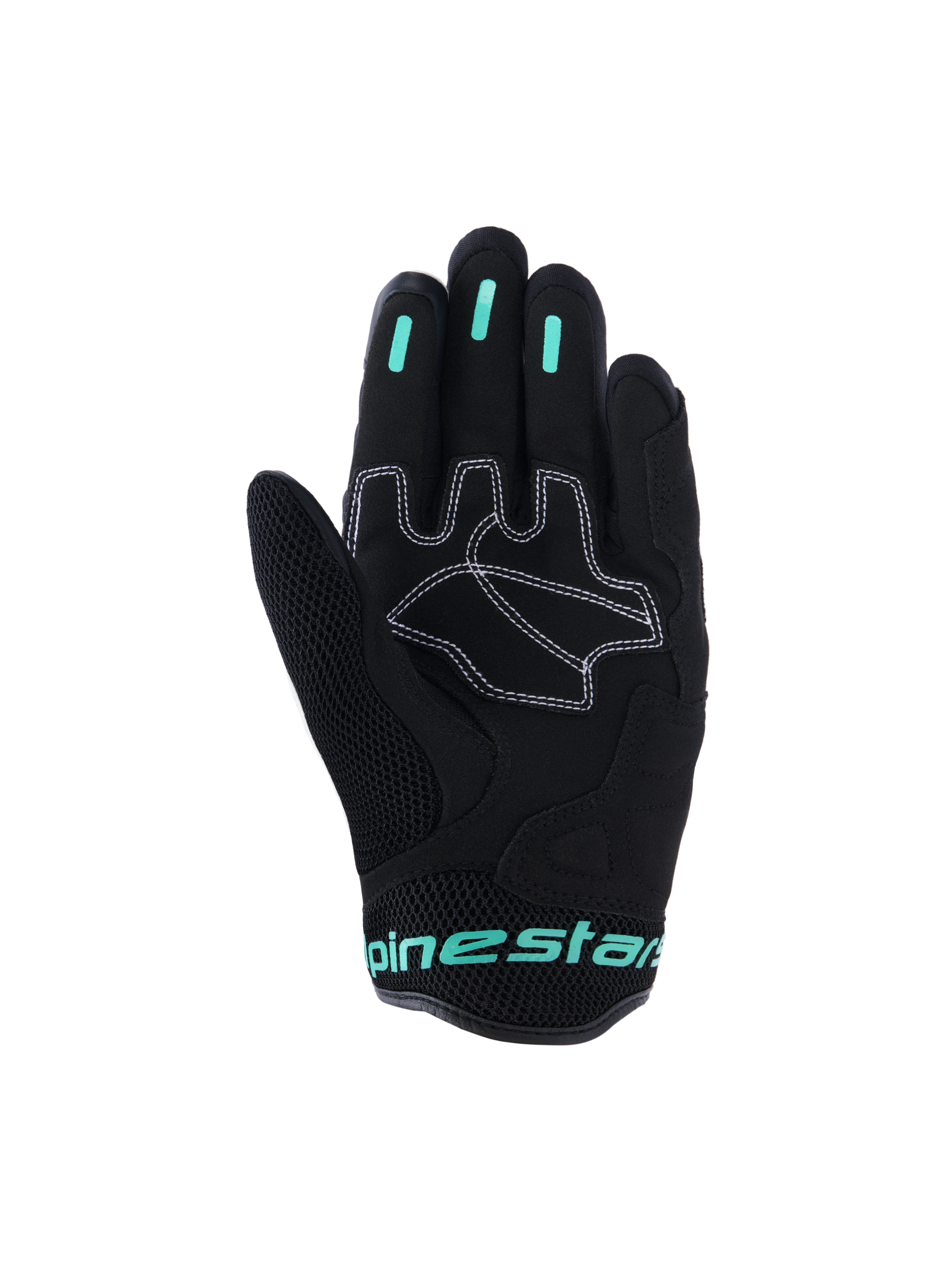 Guantes Alpinestars Stella Mogress Airflow, guantes urbanos de moto para mujer, negros con detalles en Tropical Teal, vista de la palma que muestra refuerzos sintéticos con costuras blancas, zona del pulgar en malla e inserciones de agarre de silicona en los dedos.