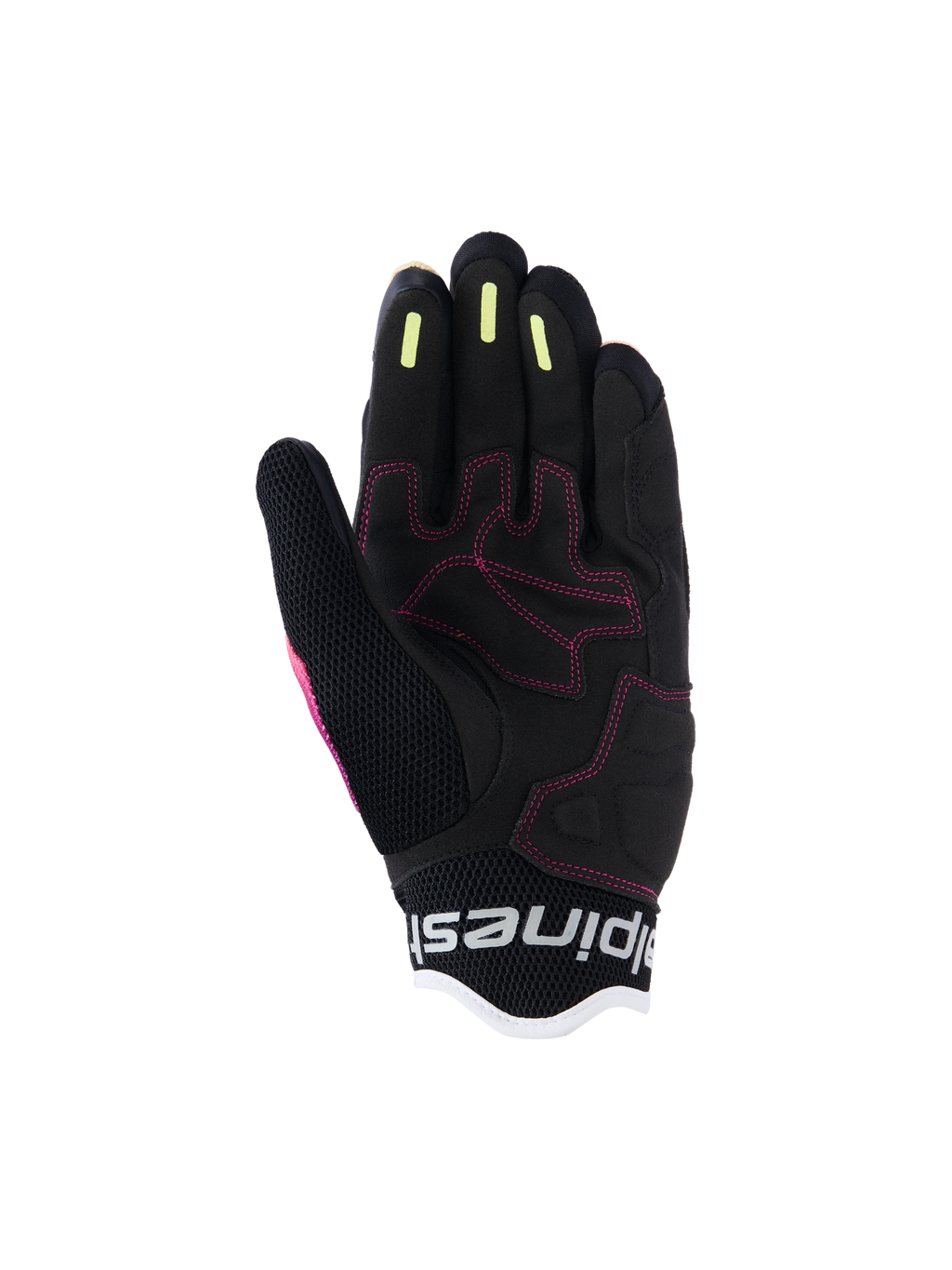 Guantes Alpinestars Stella Mogress Airflow para mujer, guantes urbanos de moto, Fading Coral Black, vista detallada de la palma con costuras rosas, tiras de silicona amarillas en los dedos y construcción de malla transpirable.