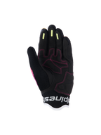 Guantes Alpinestars Stella Mogress Airflow para mujer, guantes urbanos de moto, Fading Coral Black, vista detallada de la palma con costuras rosas, tiras de silicona amarillas en los dedos y construcción de malla transpirable.
