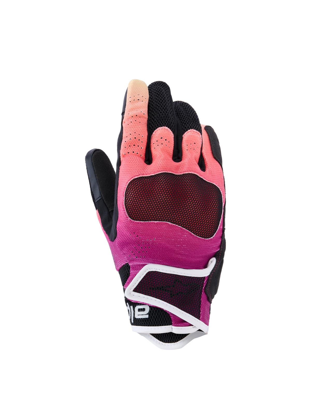Alpinestars Stella Mogress Airflow Gloves, Women's Motorcycle Gloves, Fading Coral and Black with white trim, featuring a ventilated textile backhand, laser-perforated finger panels, and a protective short cuff for urban riding.