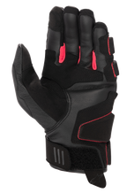 Alpinestars Stella Phenom Leather Air Glove para mujer, guantes de moto, negro y rosa diva, vista de la palma con construcción de cuero reforzado, fuelles de los dedos en rosa brillante y puño corto con cierre de velcro ajustable