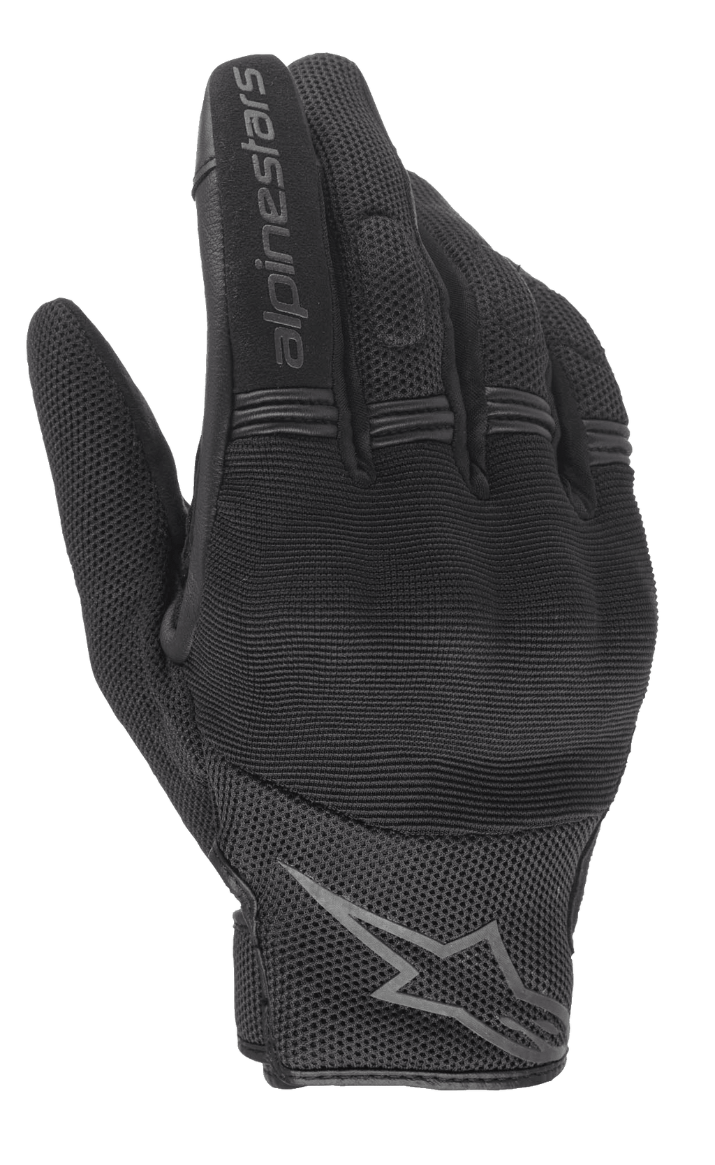 Guantes Alpinestars Stella Copper para mujer, guantes de moto urbanos en color negro, vista del dorso con protección rígida en los nudillos, tejido de malla transpirable y logotipo de Alpinestars en el dedo índice y la muñeca.