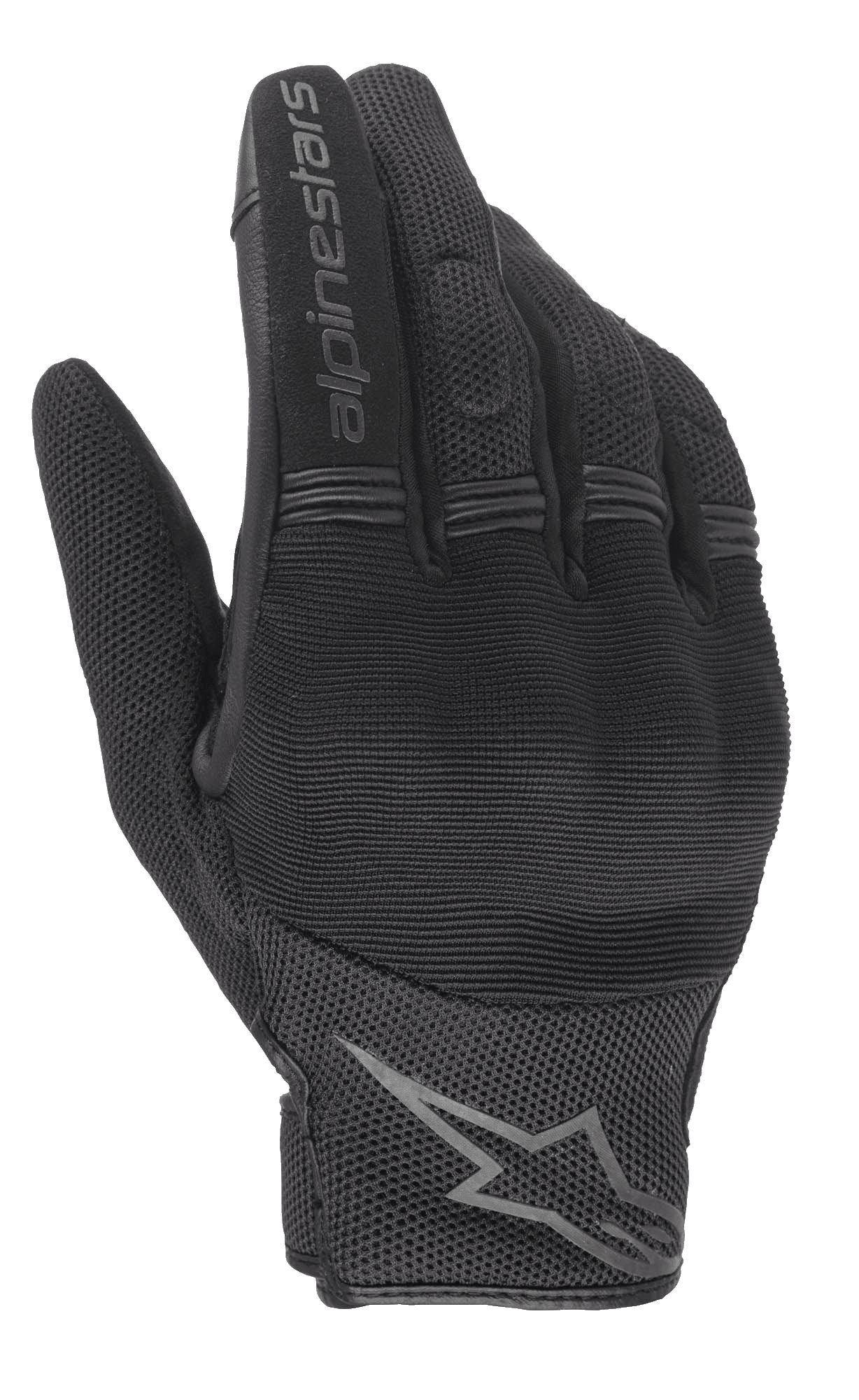Guantes Alpinestars Stella Copper para mujer, guantes de moto urbanos en color negro, vista del dorso con protección rígida en los nudillos, tejido de malla transpirable y logotipo de Alpinestars en el dedo índice y la muñeca.
