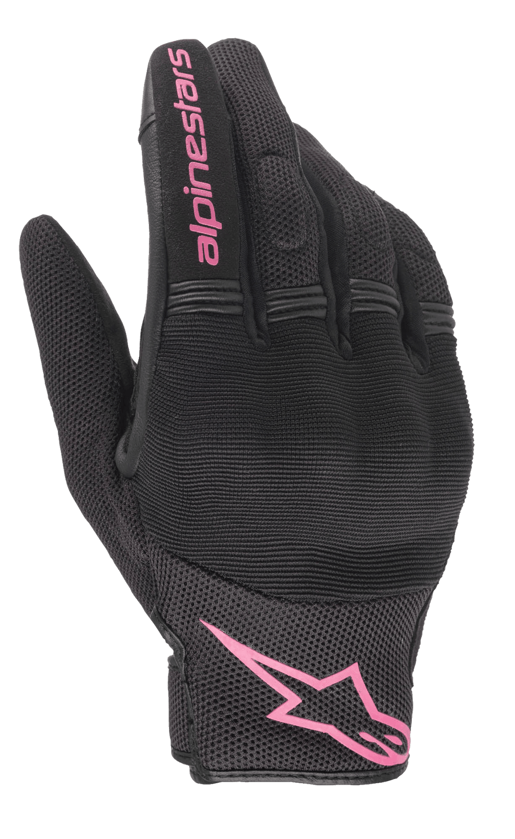Guantes Alpinestars Stella Copper, guantes de moto para mujer, negro y fucsia, logotipo de Alpinestars rosa en la muñeca y texto en el dedo, diseño de malla y textil con área de los nudillos acolchada, equipamiento para conducción urbana