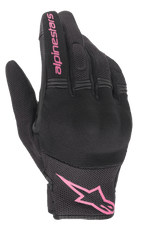 Guantes Alpinestars Stella Copper, guantes de moto para mujer, negro y fucsia, logotipo de Alpinestars rosa en la muñeca y texto en el dedo, diseño de malla y textil con área de los nudillos acolchada, equipamiento para conducción urbana