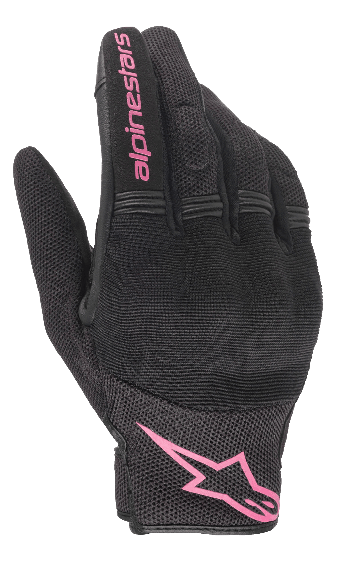 Guantes Alpinestars Stella Copper, guantes de moto para mujer, negro y fucsia, logotipo de Alpinestars rosa en la muñeca y texto en el dedo, diseño de malla y textil con área de los nudillos acolchada, equipamiento para conducción urbana