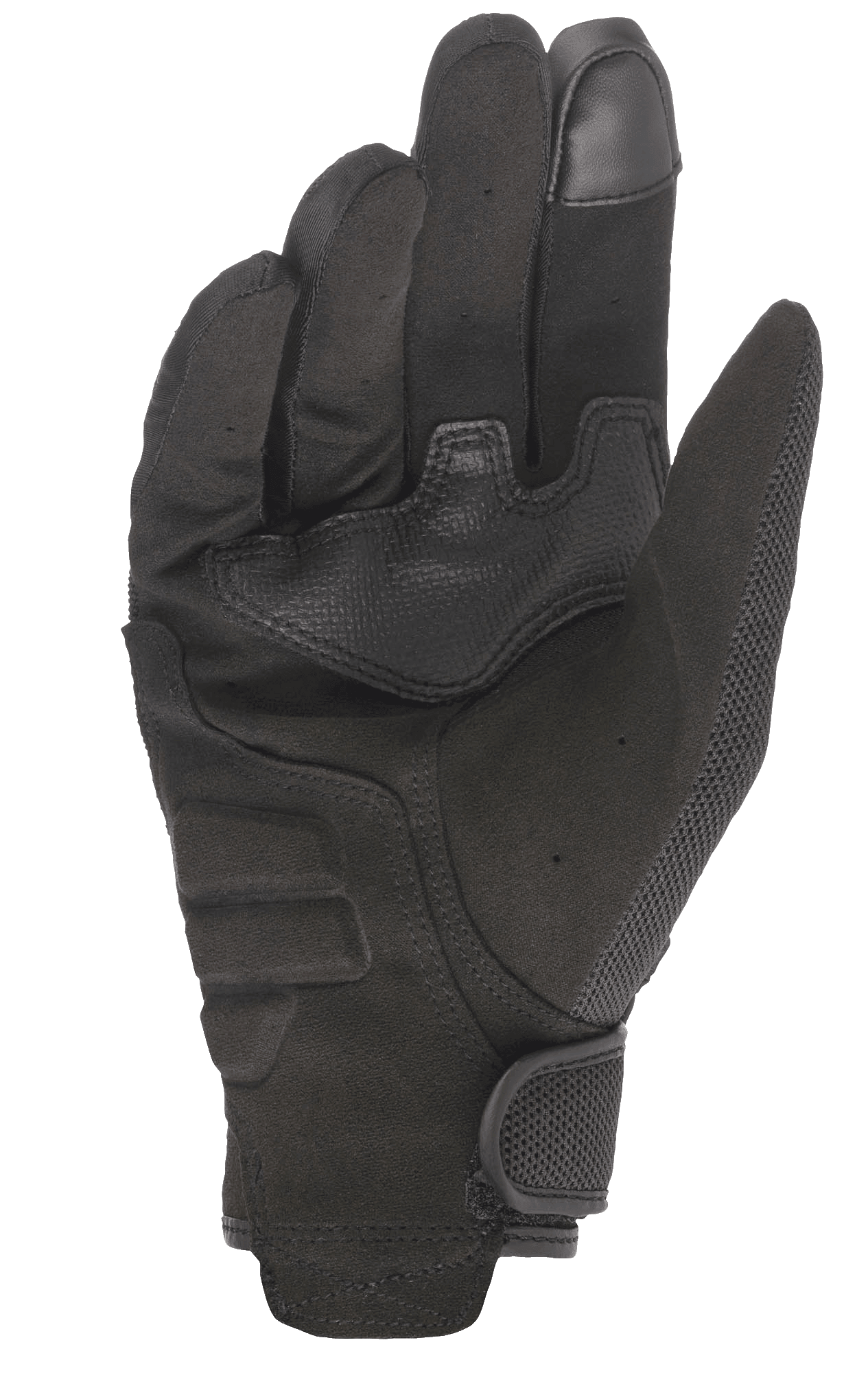 Guantes Alpinestars Stella Copper para mujer, color negro, vista de la palma, con palma completa de gamuza sintética con parches de refuerzo, punta del dedo compatible con pantallas táctiles y cierre de muñeca con gancho y bucle