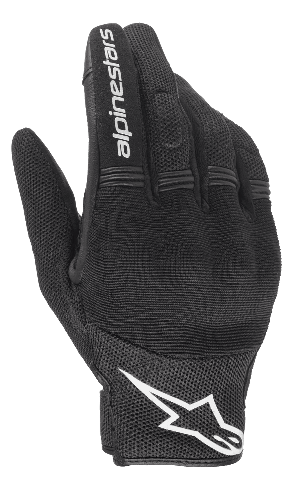 Guantes Alpinestars Stella Copper para mujer, negros y blancos, vista del dorso con construcción de malla y protección rígida de nudillos bajo spandex, marca Alpinestars blanca en el dedo índice y logotipo en la muñeca, equipamiento urbano para moto de puño corto.