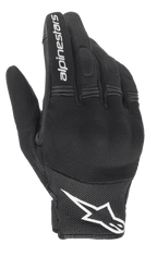 Guantes Alpinestars Stella Copper para mujer, negros y blancos, vista del dorso con construcción de malla y protección rígida de nudillos bajo spandex, marca Alpinestars blanca en el dedo índice y logotipo en la muñeca, equipamiento urbano para moto de puño corto.