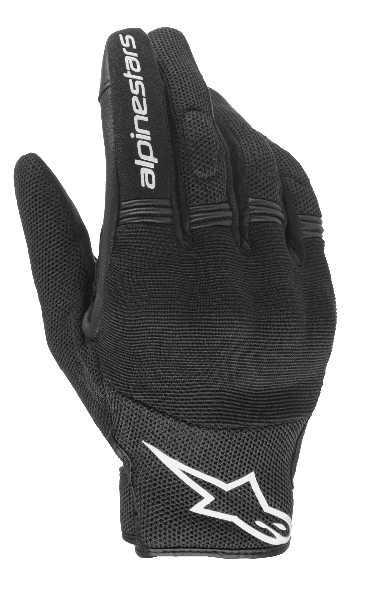 Guantes Alpinestars Stella Copper para mujer, negros y blancos, vista del dorso con construcción de malla y protección rígida de nudillos bajo spandex, marca Alpinestars blanca en el dedo índice y logotipo en la muñeca, equipamiento urbano para moto de puño corto.