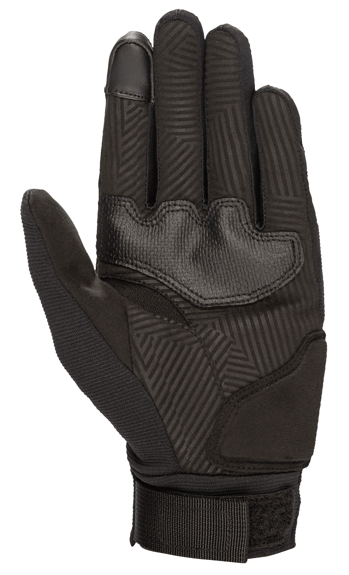 Guantes Alpinestars Stella Reef para mujer, guantes de moto, negros, vista de la palma con ante sintético y patrón de agarre geométrico, almohadillas reforzadas en la palma y correa de cincha ajustable en la muñeca para comodidad en la conducción urbana