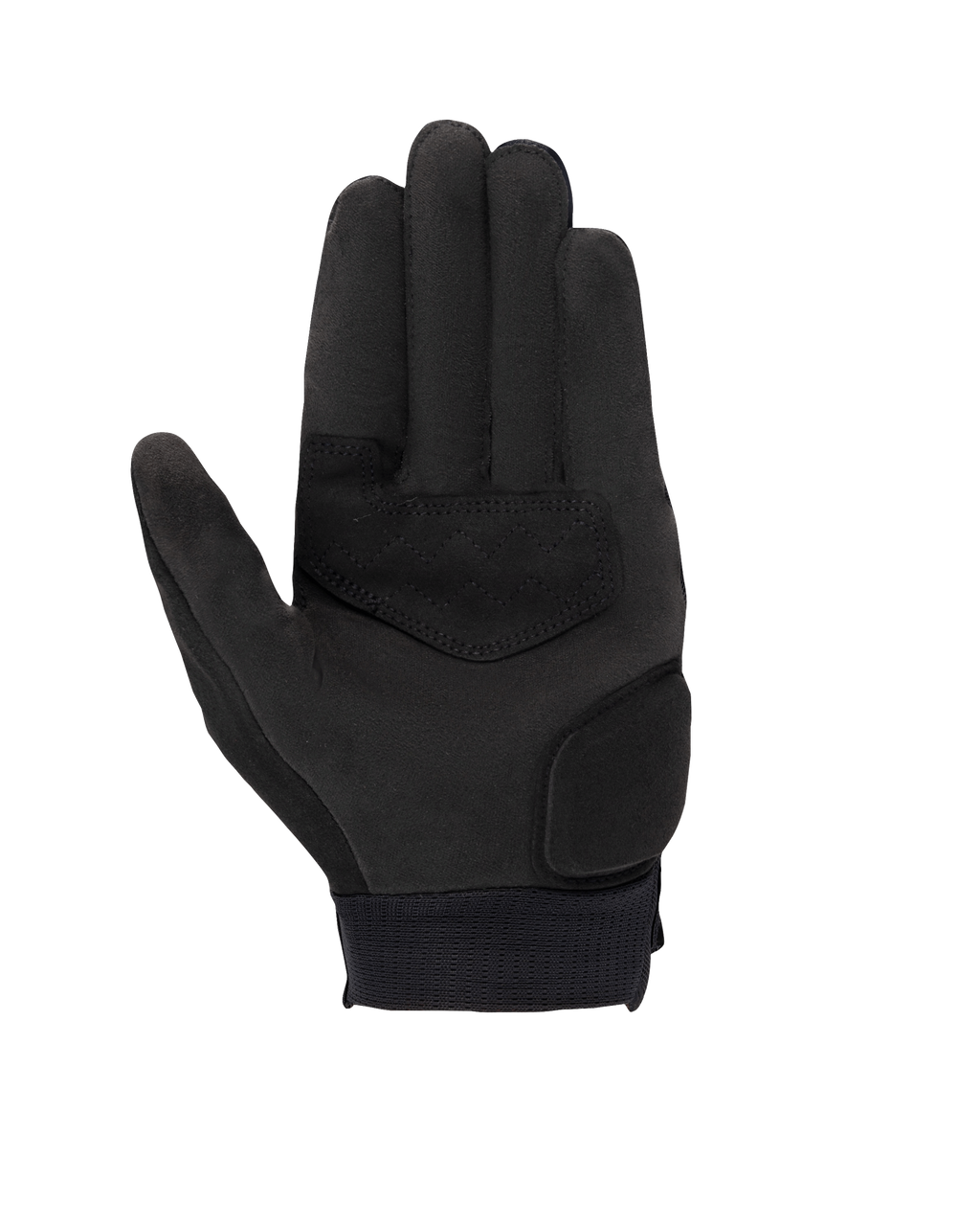 Guantes Alpinestars Stated para mujer, negros, vista de la palma que muestra el material de ante sintético, áreas reforzadas en la palma y el pulgar, puntas de los dedos compatibles con pantallas táctiles y puño elástico, equipamiento para conducción urbana en moto