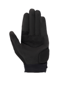 Guantes Alpinestars Stated para mujer, negros, vista de la palma que muestra el material de ante sintético, áreas reforzadas en la palma y el pulgar, puntas de los dedos compatibles con pantallas táctiles y puño elástico, equipamiento para conducción urbana en moto