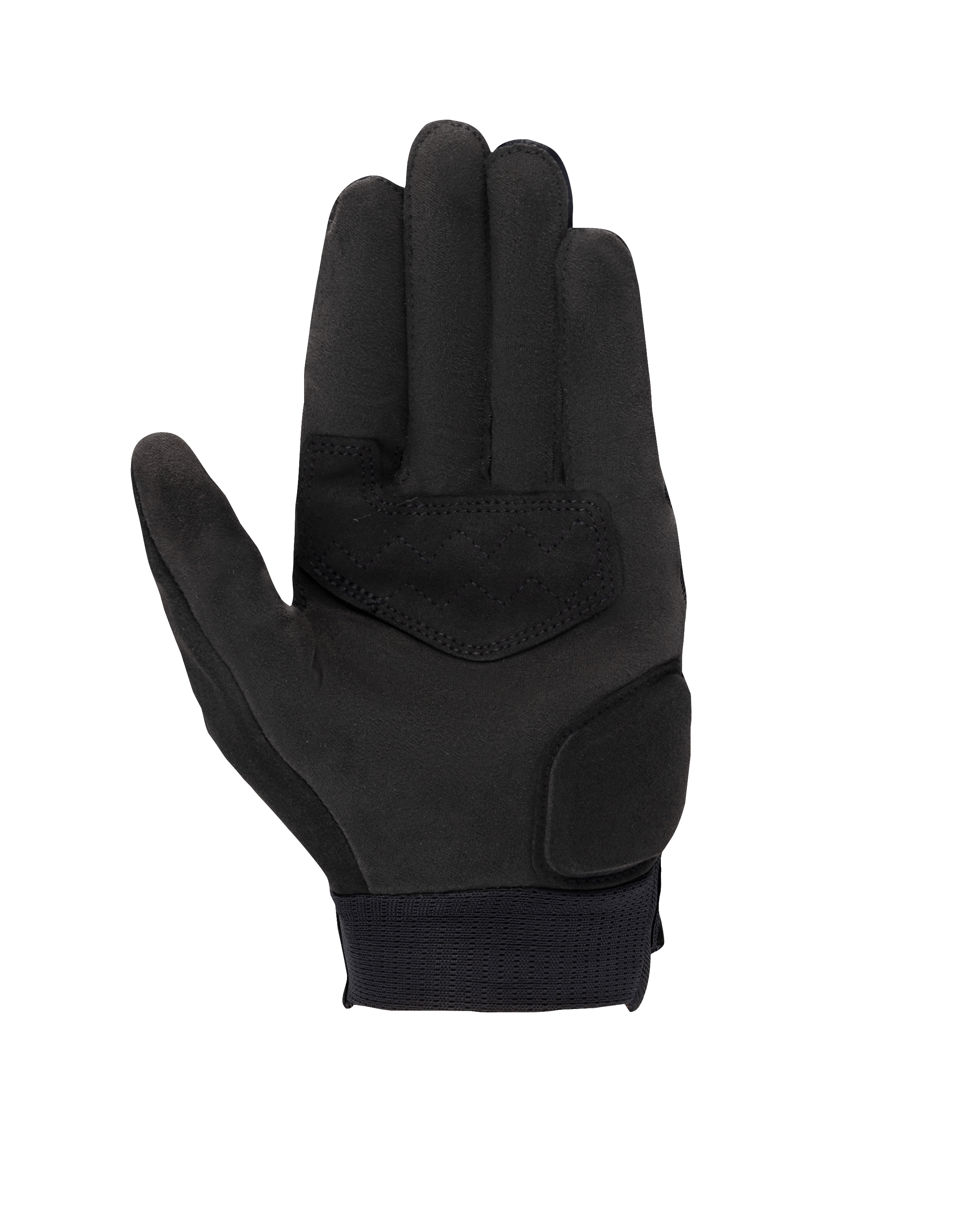 Guantes Alpinestars Stated para mujer, negros, vista de la palma que muestra el material de ante sintético, áreas reforzadas en la palma y el pulgar, puntas de los dedos compatibles con pantallas táctiles y puño elástico, equipamiento para conducción urbana en moto