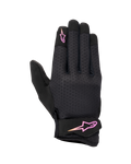 Alpinestars Stated para mujer, guantes de moto urbanos, negros con logo en degradado rosa y amarillo, dorso de airprene texturizado, cierre de velcro en la muñeca, equipamiento de verano ligero y transpirable