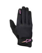 Alpinestars Stated para mujer, guantes de moto urbanos, negros con logo en degradado rosa y amarillo, dorso de airprene texturizado, cierre de velcro en la muñeca, equipamiento de verano ligero y transpirable