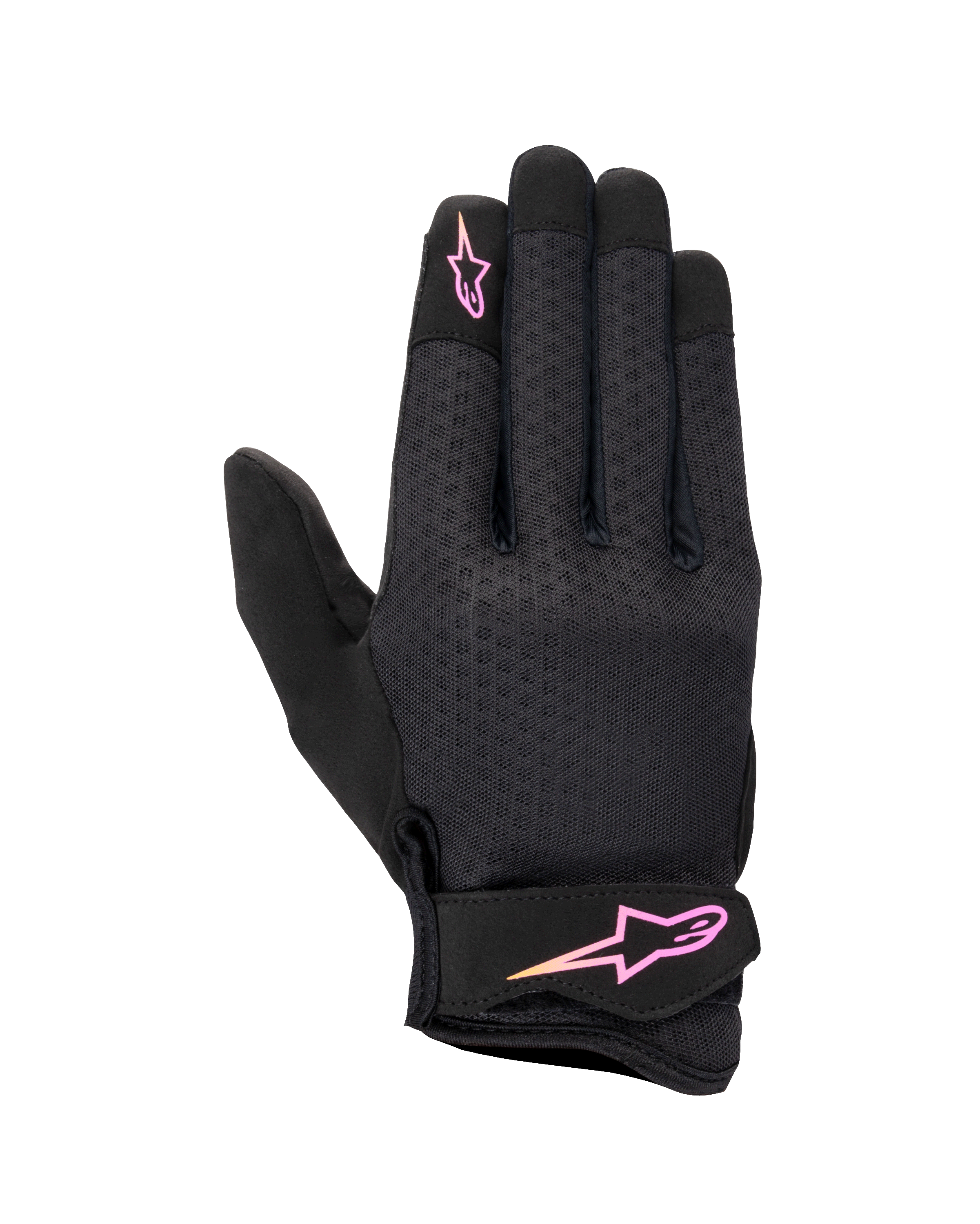 Alpinestars Stated para mujer, guantes de moto urbanos, negros con logo en degradado rosa y amarillo, dorso de airprene texturizado, cierre de velcro en la muñeca, equipamiento de verano ligero y transpirable