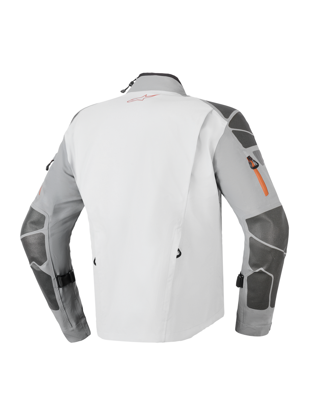 Chaqueta Alpinestars Nazca 3L GORE-TEX PRO, chaqueta de motociclismo de aventura, gris oscuro y gris medio, vista trasera con refuerzos de Superfabric en mangas y hombros, detalles de cremalleras en naranja y construcción técnica laminada de 3 capas.